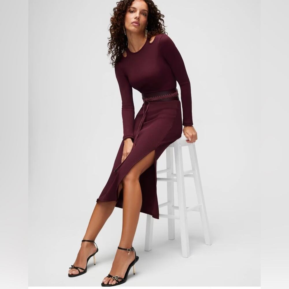 WhBh Forme Rib Long Sleeve Cutout Dress | Port | Midi | Size M Holiday Party